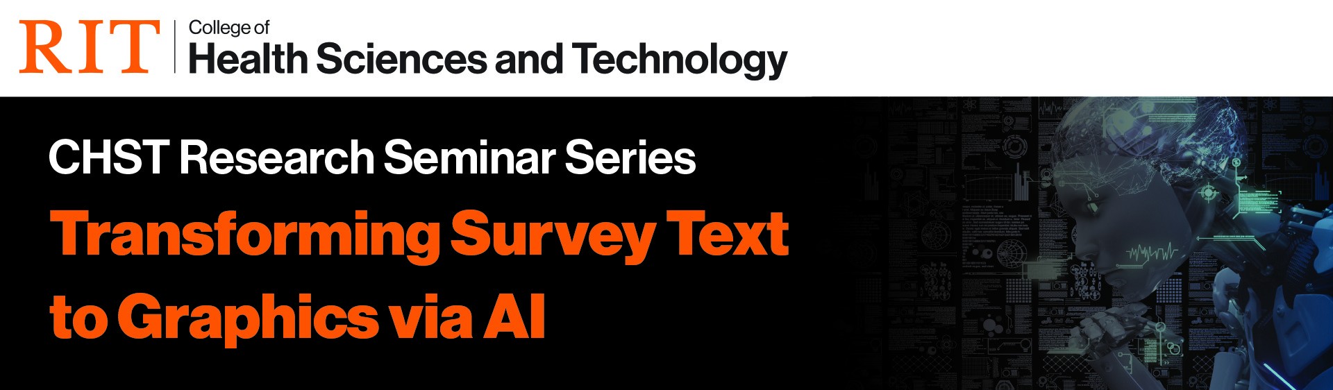 Graphic showing College of Health Science logo, title of the seminar, and Artificial Intelligence styled image with letters and numbers.  