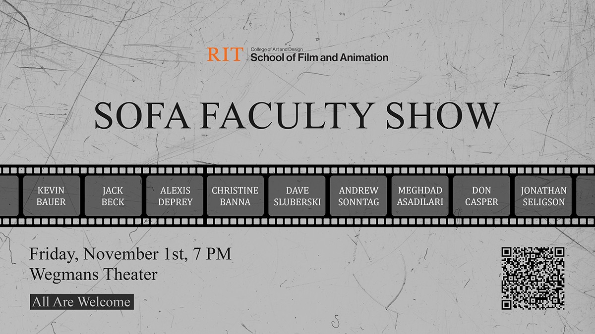 A graphic with a title of SOFA Faculty Show.