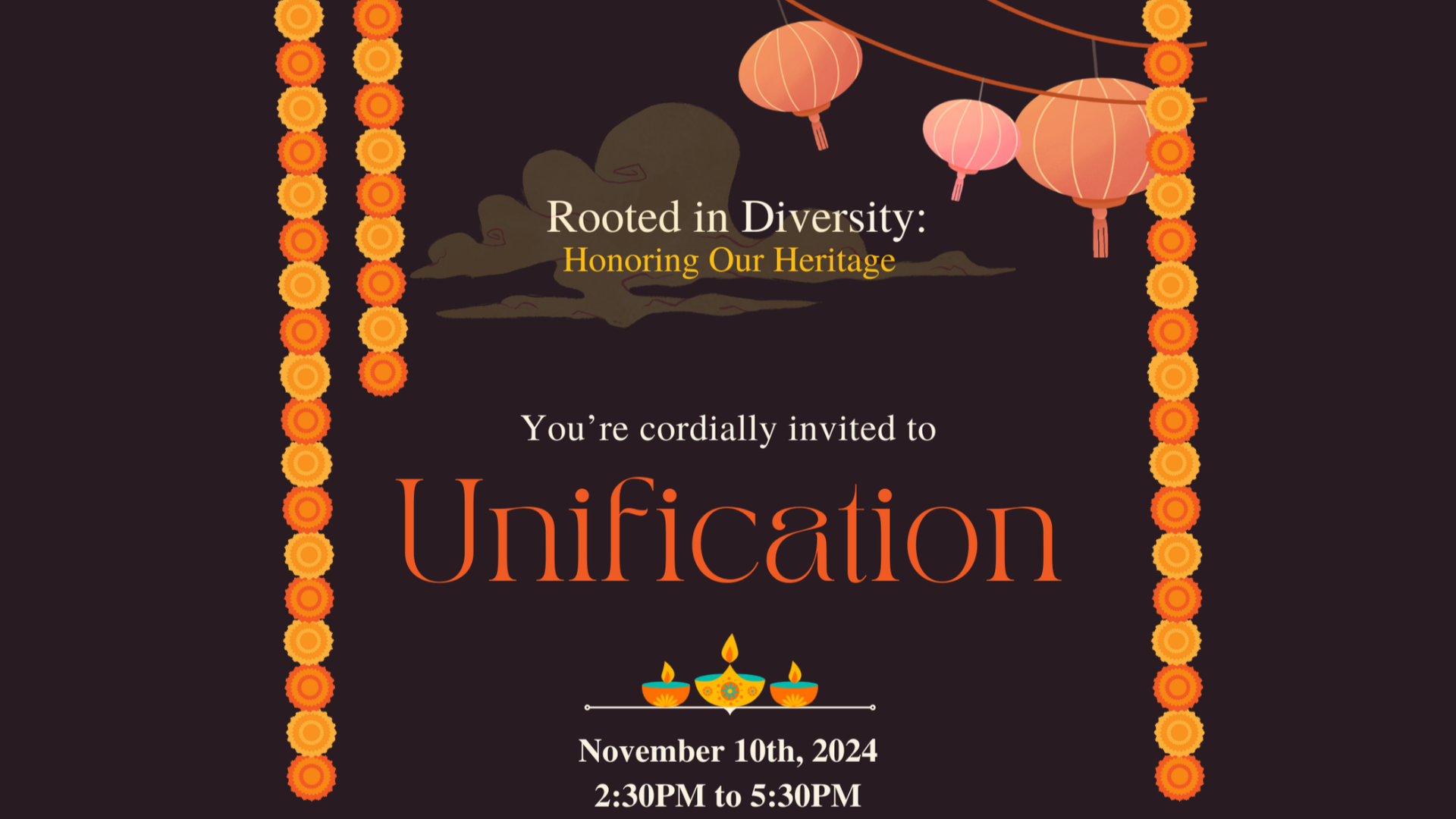 Dark background with orange lantern like graphics hanging over white and orange text. Text displaying name of Unification event.