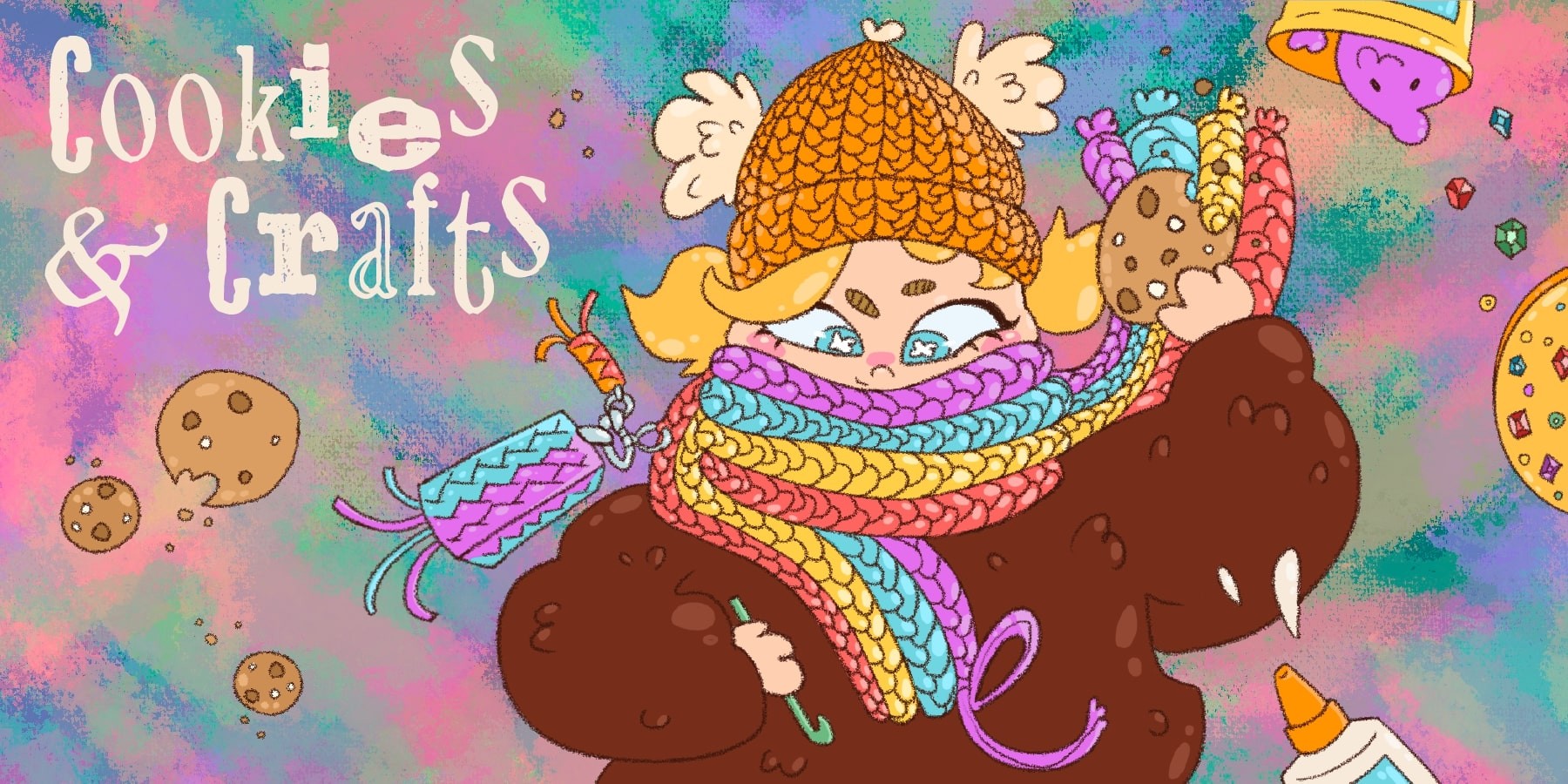 Graphic of person crocheting with cookies and other forms of crafts surrounding them.