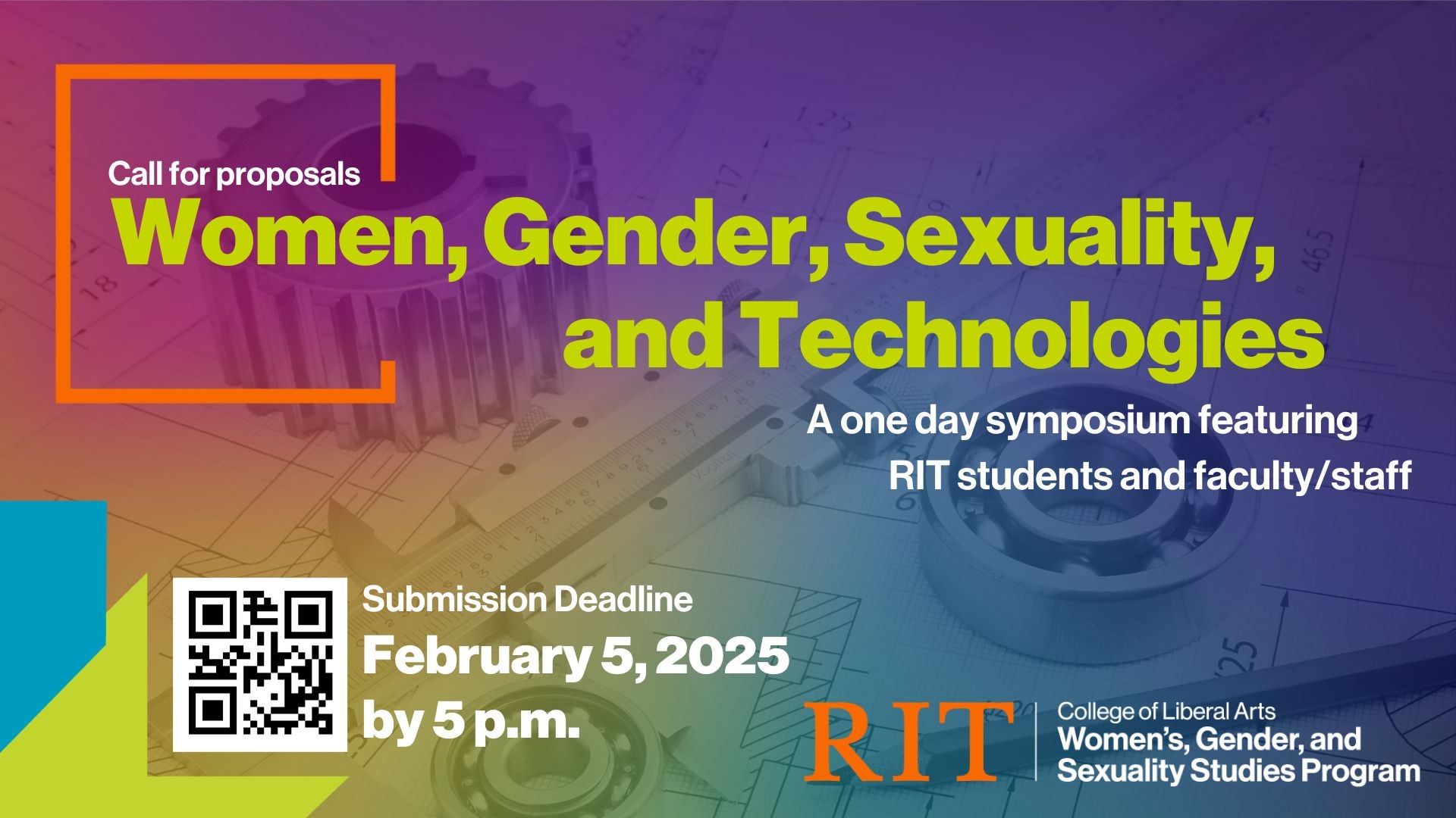 Technology gears with a color overlay, orange box with words coming out of it, green title with white subtitles and the RIT WGSS orange and white logo