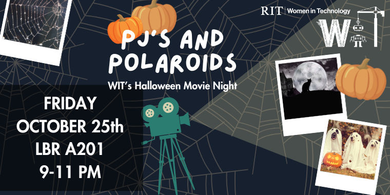 Promotional graphic for WIT's "PJ's and Polaroids" Halloween Movie Night featuring spider webs, Polaroids, and event details: FRIDAY OCTOBER 25th LBR A201 9-11 PM