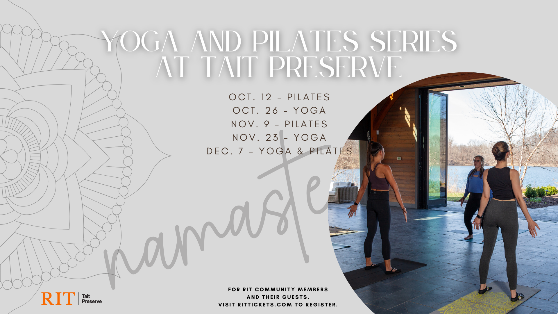 half mandala with yoga image and information about yoga and pilates at Tait Preserve