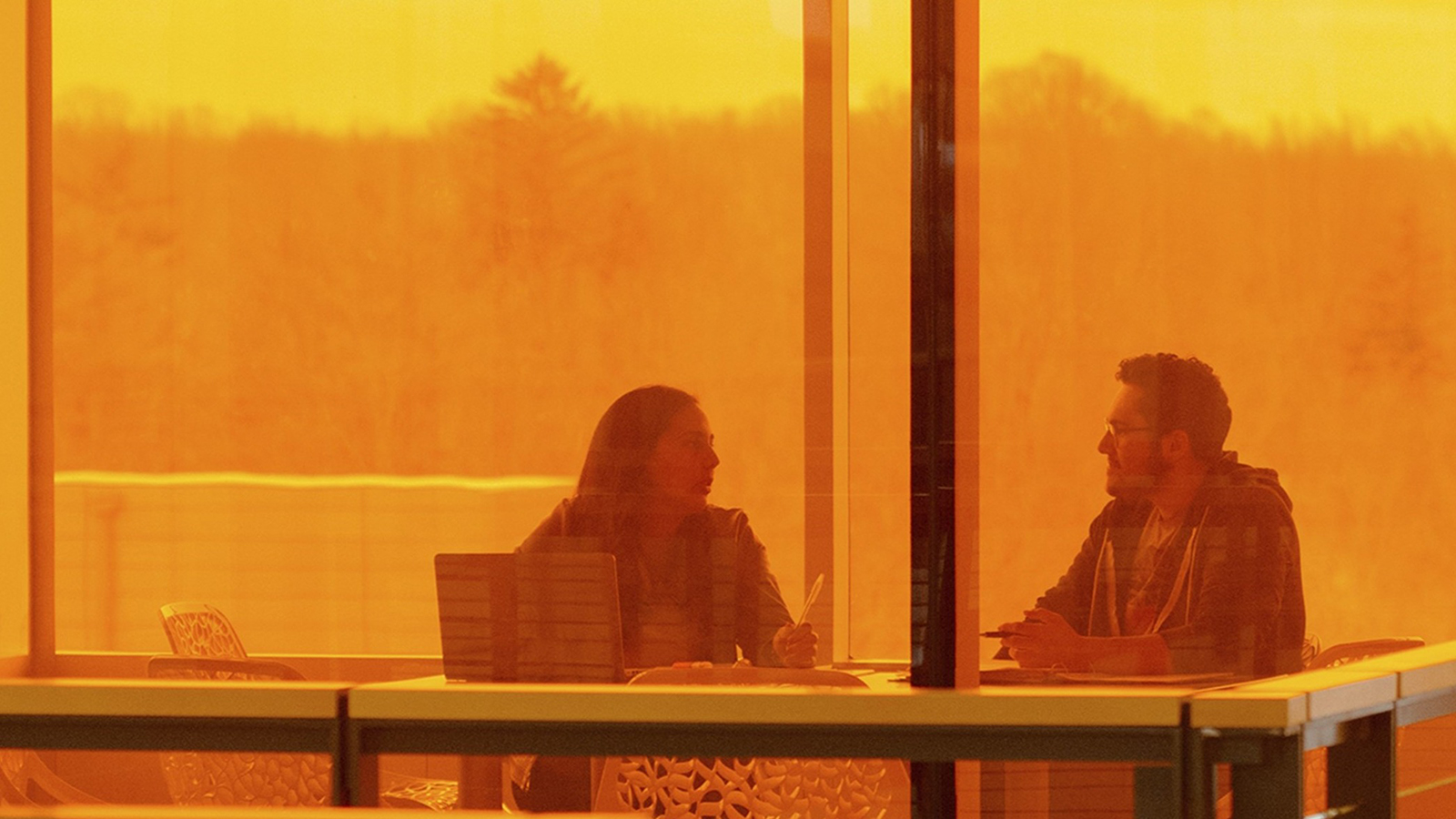 Two individuals sitting opposite each other at a table, engaged in a conversation or meeting in a room with large windows overlooking trees.