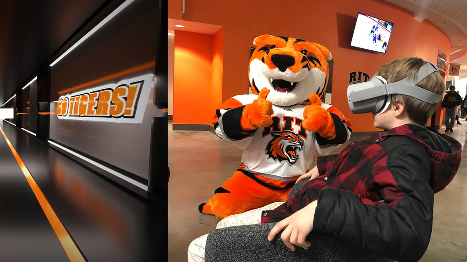 RIT Marketing Header Banner featuring a blonde child in a Virtual Reality headset next to Ritchie the Tiger.