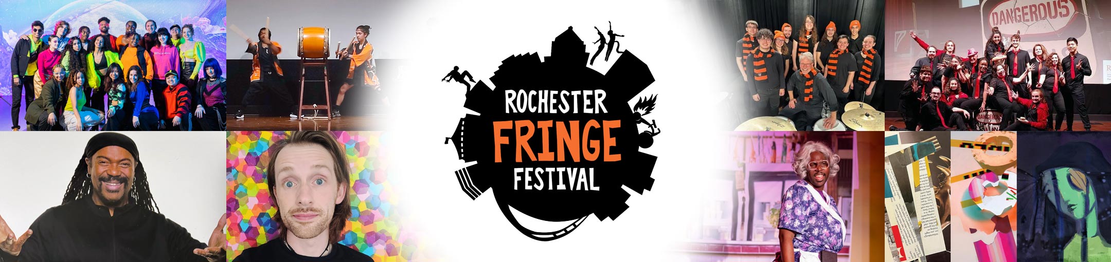 Rochester Fringe Festival logo with several performance photos to the left and right.