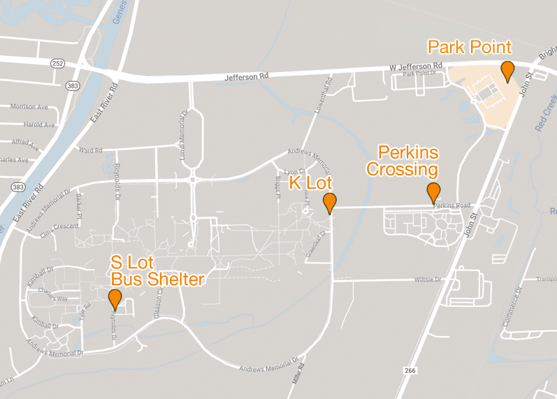 Map of the four shuttle stops on the RIT campus.