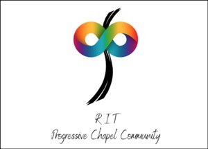 Circular rainbow graphic on white background with the text RIT Progressive Chapel Community.