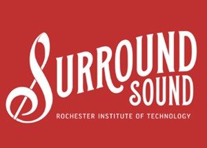 White logo for Surround Sound on red background.