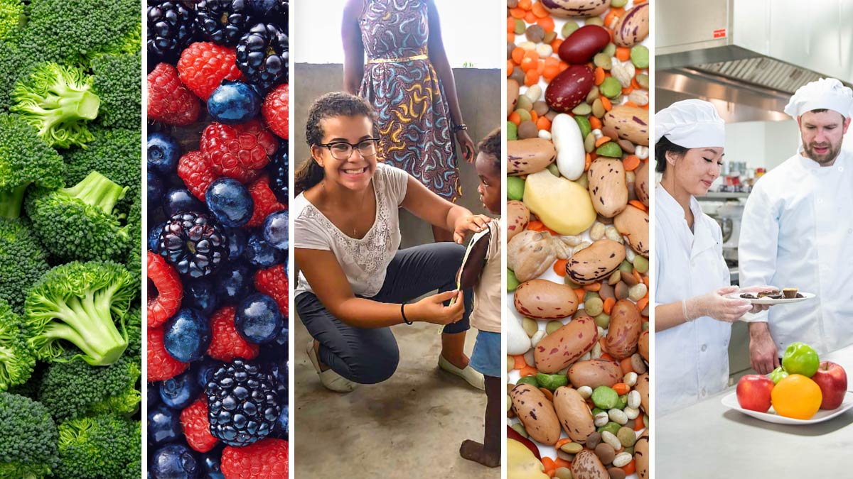 Collage of photos of vegetables, fruit, and students in the dietetics field.