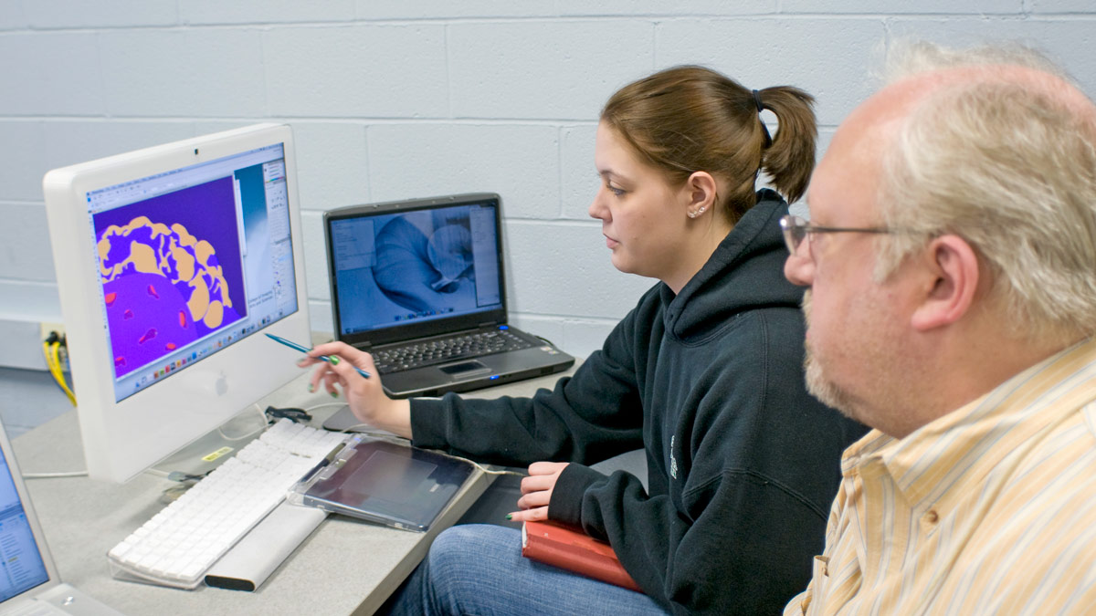 Two people reviewing medical diagrams on a computer.