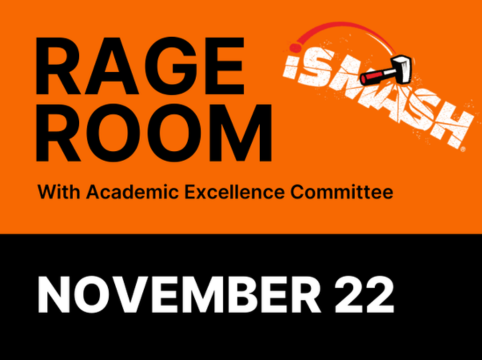 Black text on orange background that reads "RAGE ROOM" with academic excellence committee in all caps. 