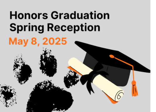 Honors Graduation Spring Reception in black text above May 8, 2025 in orange text on a gray background. Black paw print and orange and black graduation cap and white diploma icons