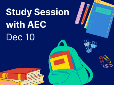 Study Session with AEC Dec 10 in white text on blue background and colorful school supplies