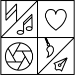 drawing of a music symbol, paint brush, lens and a heart for house of the arts