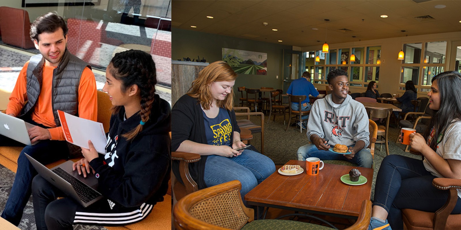 ﻿Two scenes: students chatting indoors; one group in a bright area with laptops, another in a cafe with coffee and pastries.