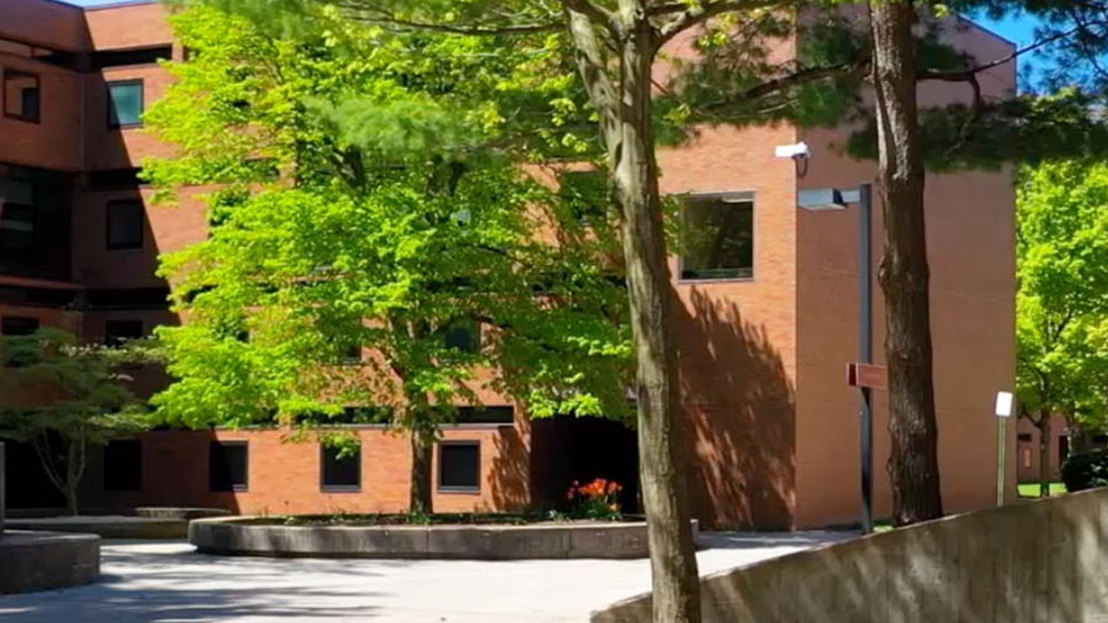 landscape view of brick residence hall buildings