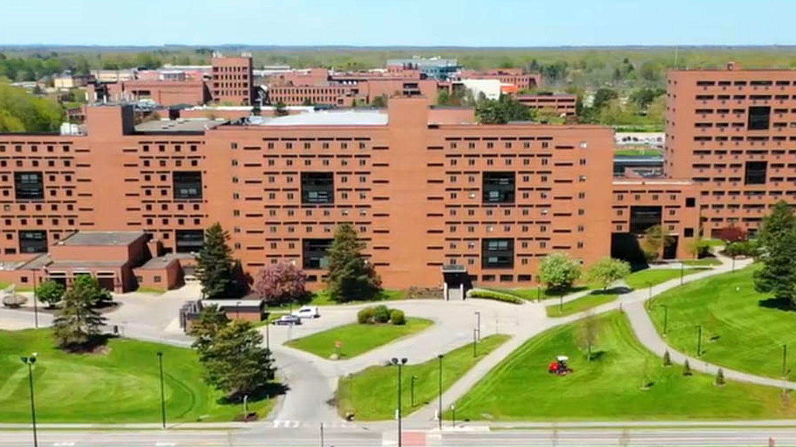 aerial view of brick residence hall buildings