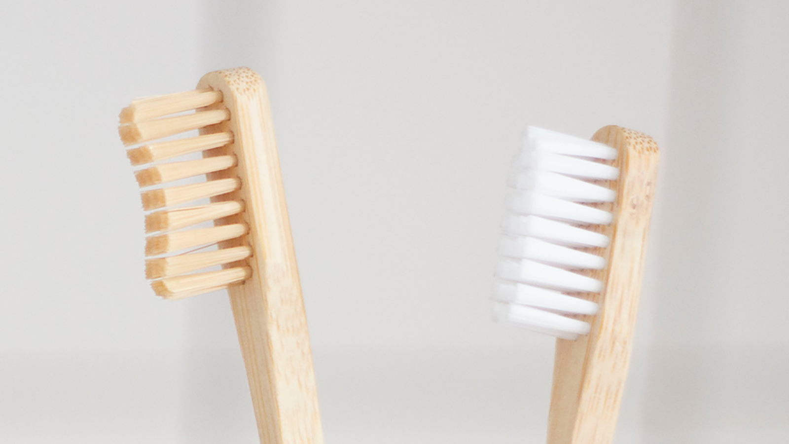 natural bristle wooden toothbrushes against a white tile background