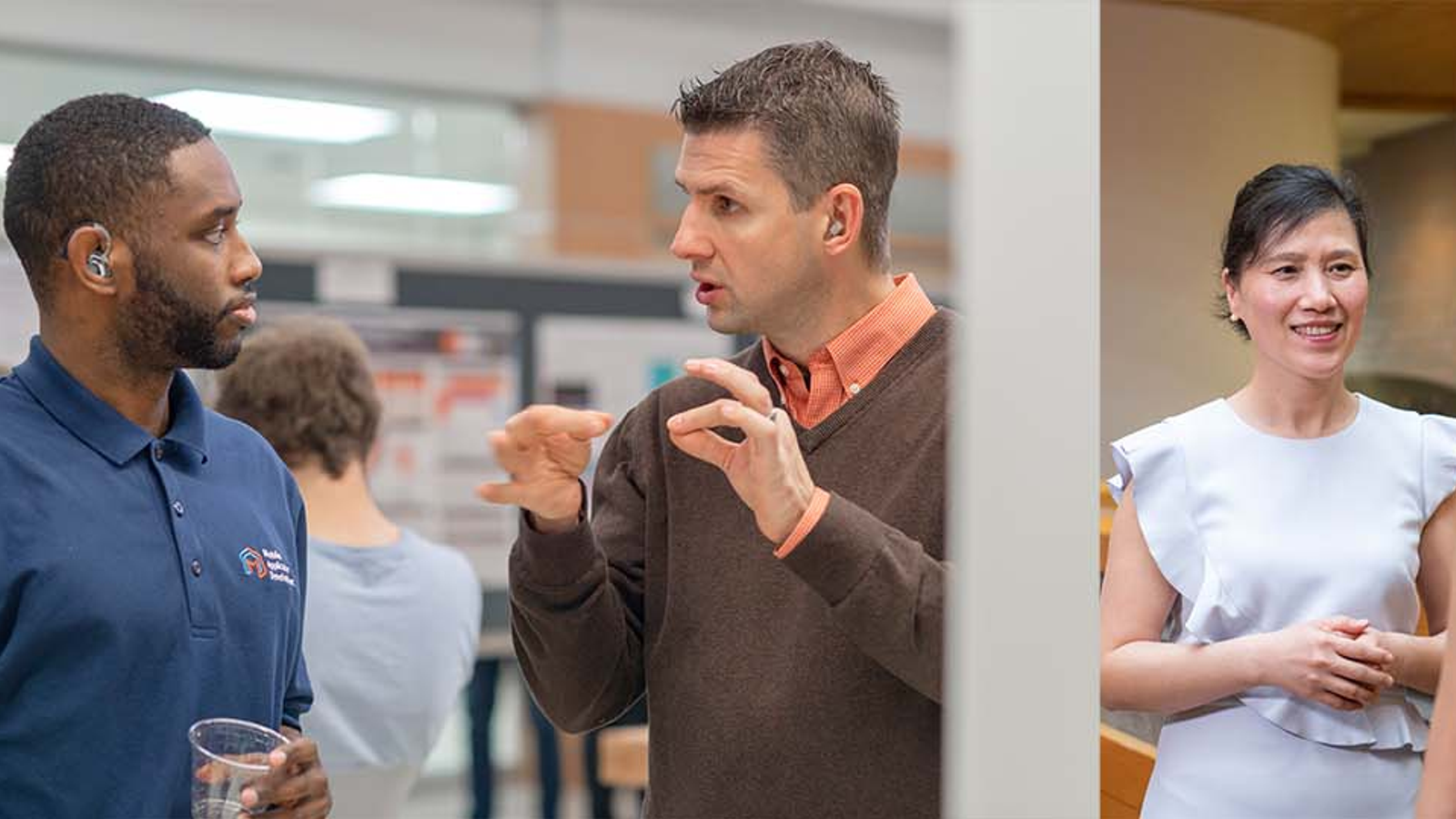 multiple images of staff and faculty in candid conversations