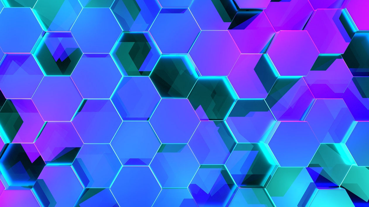 Abstract background featuring blue and purple hues with intricate hexagonal shapes interspersed throughout the design.