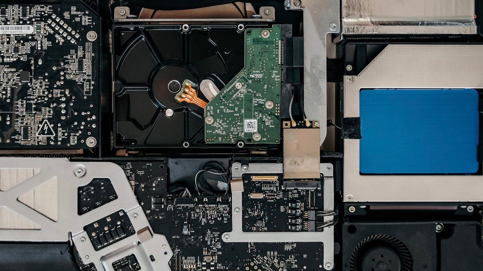 Underside photo of a computer hard drive