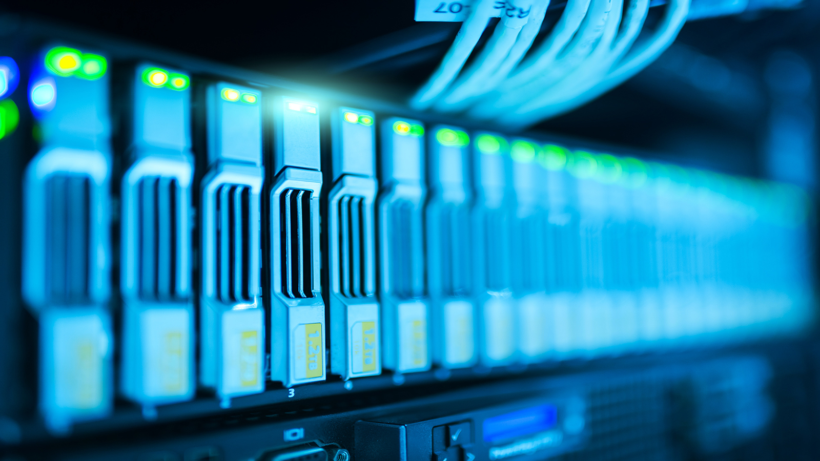 A close up phot of a rack of servers in a datacenter