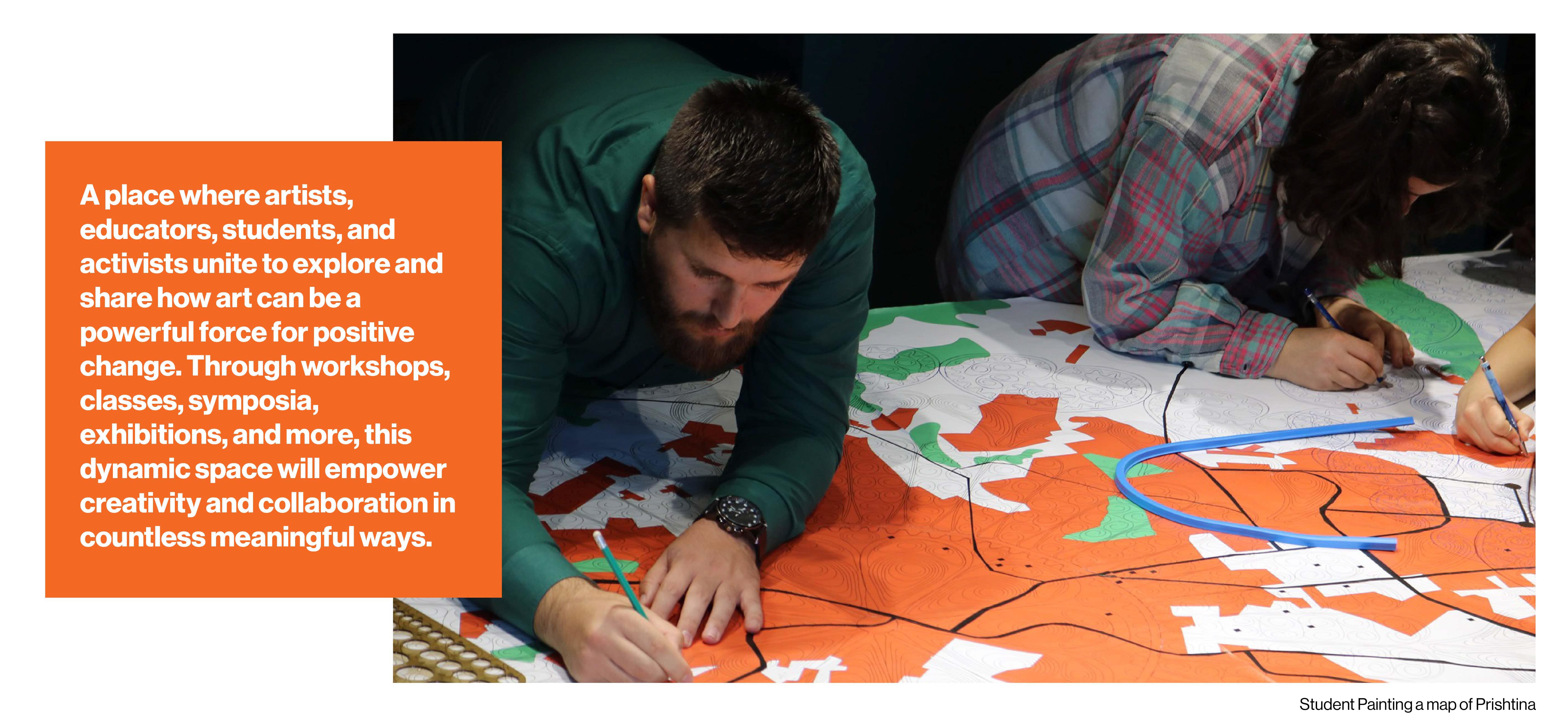 photo of students painting a Prishtina map