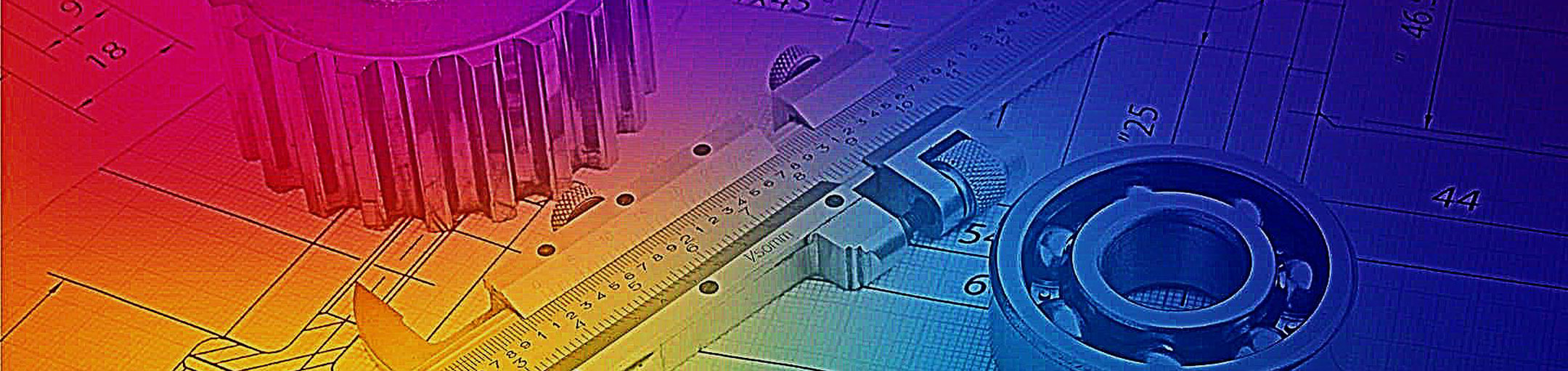 Sketch of a gear, slide ruler, and bearing overlayed with a rainbow gradient.