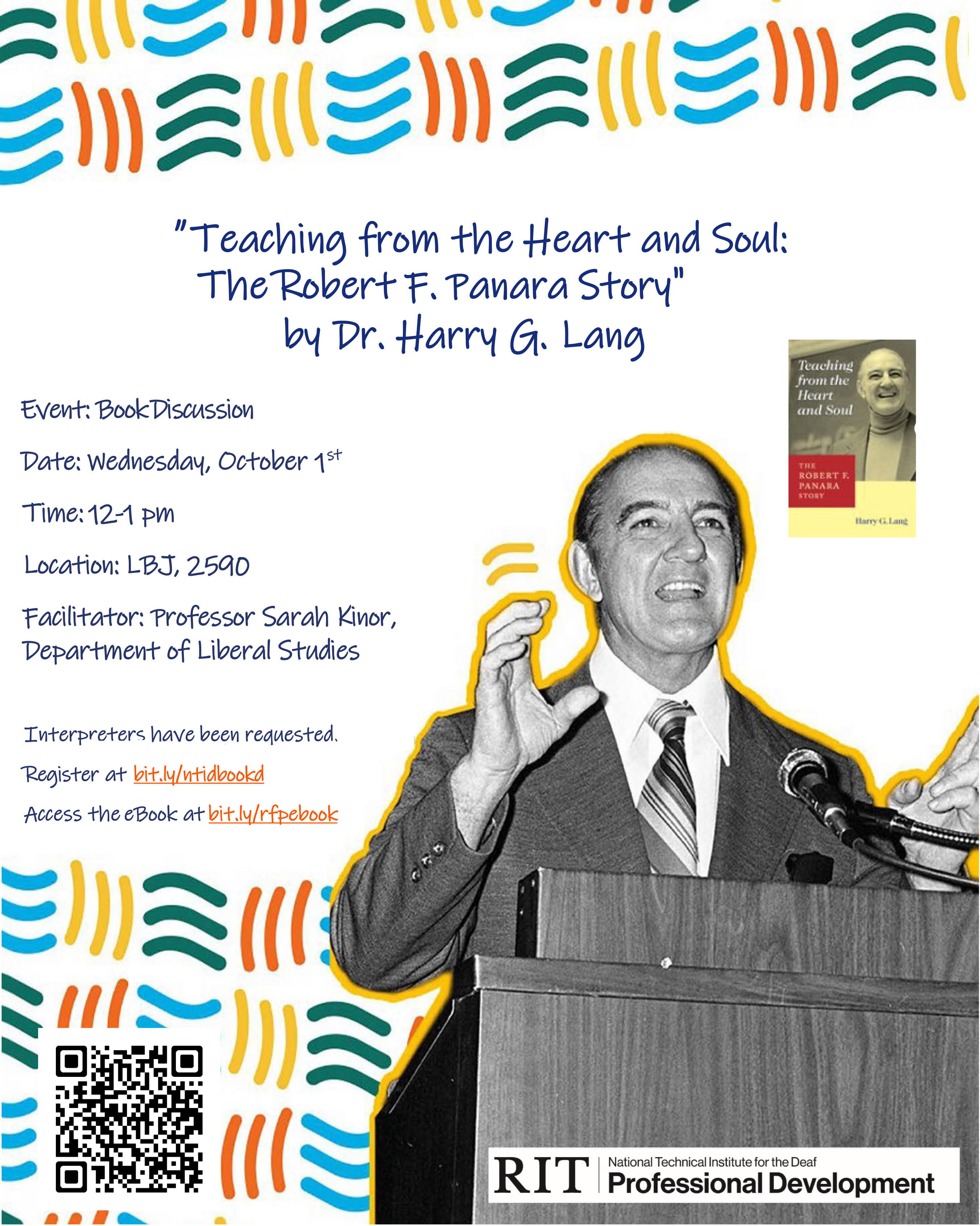 Flyer for Oct 1 book discussion: Teaching from the Heart & Soul: The Robert F. Panara Story