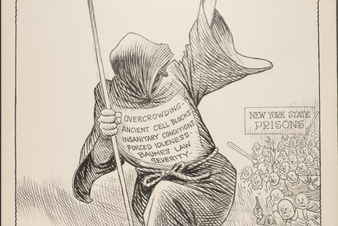 Old Politic Cartoon of Death marching with the sign "Revolt"