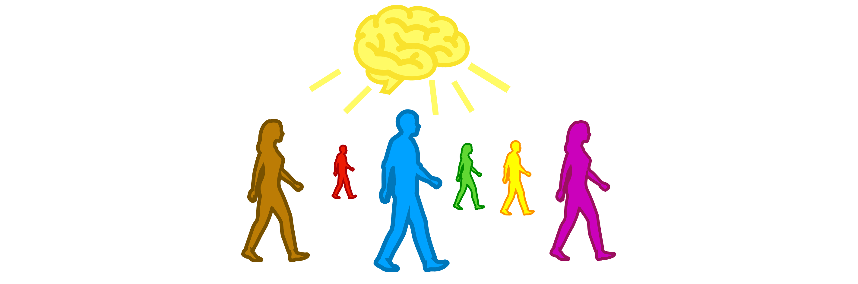 Drawing of people walking with a brain above