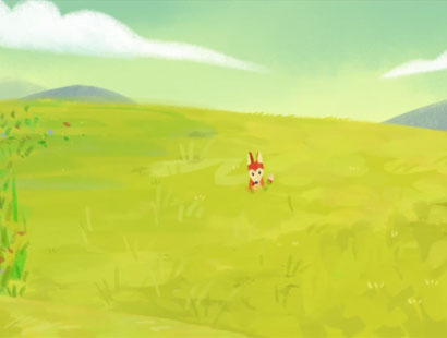 Animation of a bunny in a hilly field