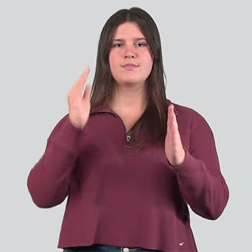 A person is shown with long, straight brown hair. They are wearing a maroon colored long sleeve shirt. The person has a neutral facial expression, and both left and right hands are positioned vertically and facing inward, making the sign for 'student.' The background is plain and light grey.