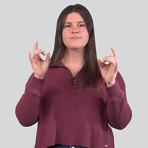 A person is shown with long, straight brown hair. They are wearing a maroon colored long sleeve shirt. The person has a neutral facial expression, and both left and right hands are positioned vertically and facing inward, making the sign for 'volleyball.' The background is plain and light grey.