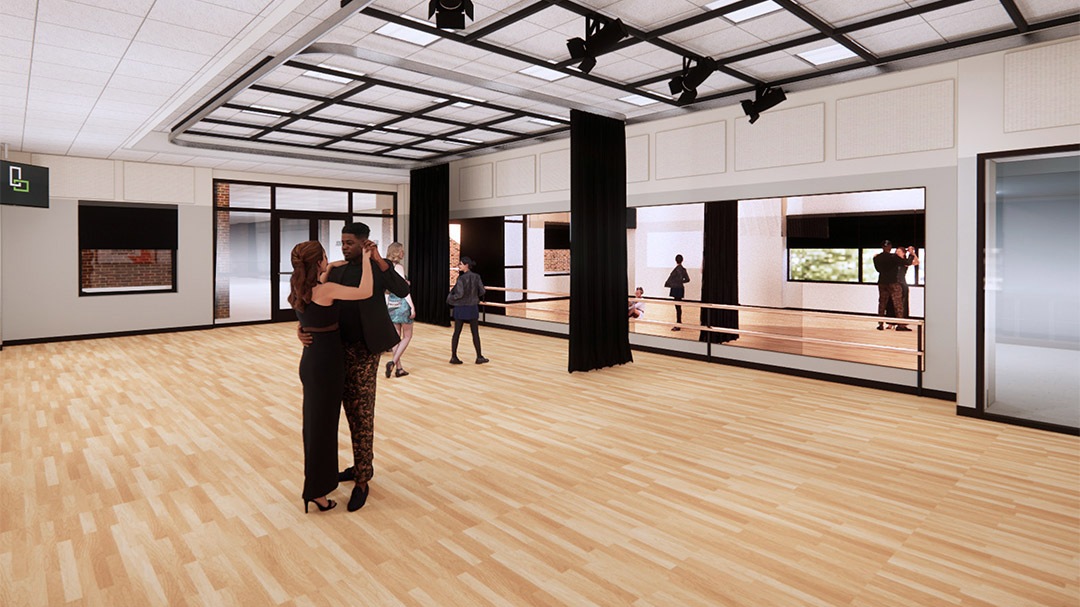 Rendering shows a couple dancing in new renovated performing arts space.