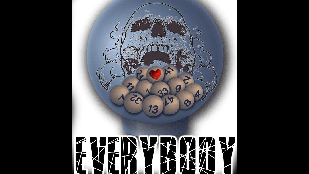 Poster that shows a blue circle with a skull and beige ping pong balls with numbers on them and the word "Everybody" written across the bottom.