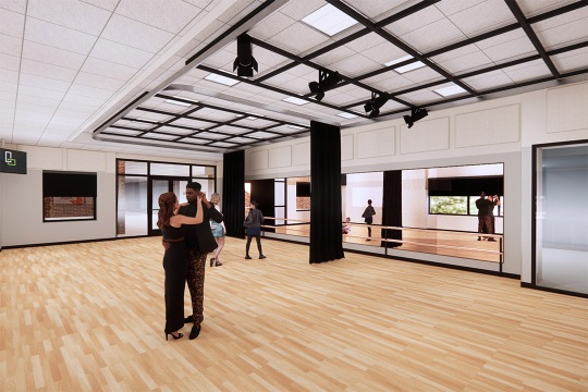 Rendering shows a couple dancing in new renovated performing arts space.