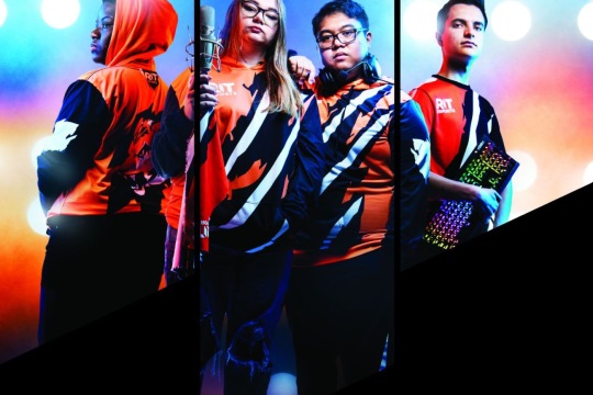 four esports students posing like an album cover