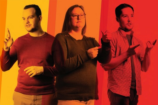 three college students using American Sign Language with a yellow, orange, and red overlay.