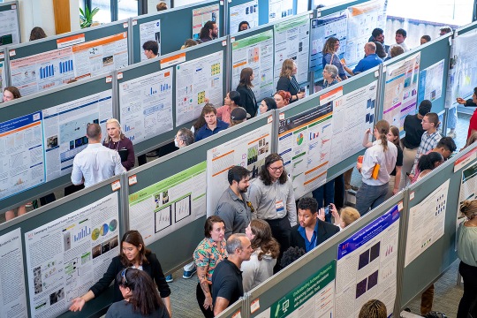 Faculty, staff, and students stand in aisles and look at poster presentations by students.