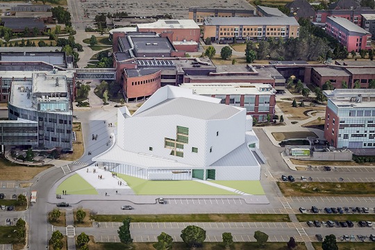 An aerial rendering of a white building depicting what RIT’s 750-seat music performance theater will look like when completed in 2026.