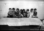 A group of children lined across a bed.