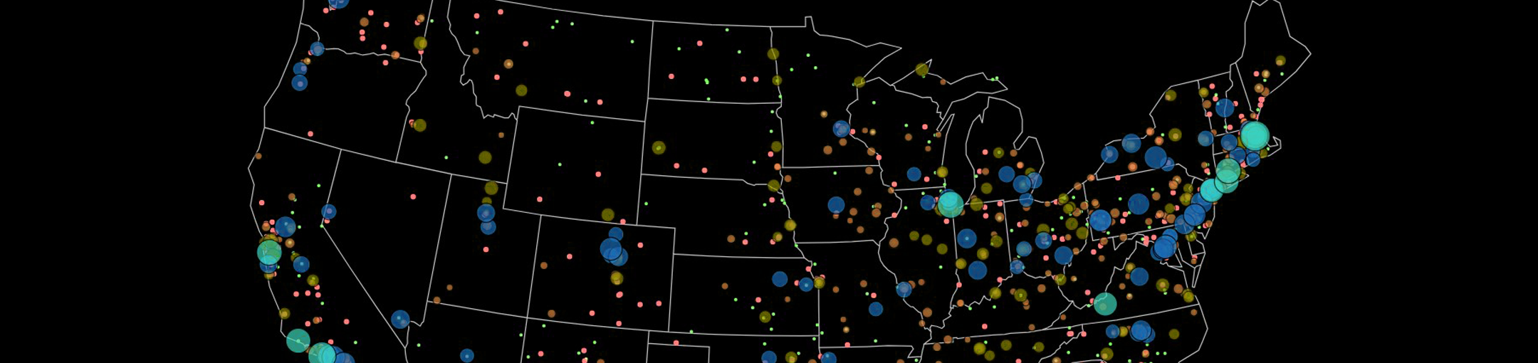 Map of United States showing locations of universities with quantum related coursework.