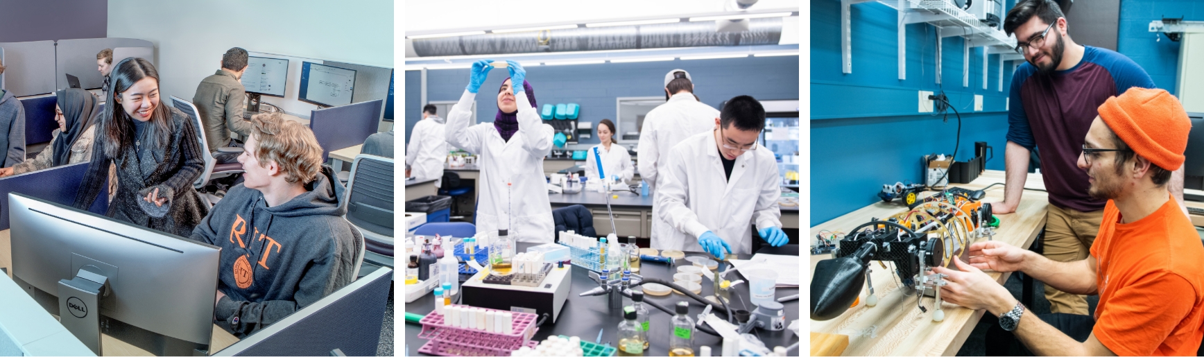 A collage of 3 photos, showing students working in research labs with various lab equipment.