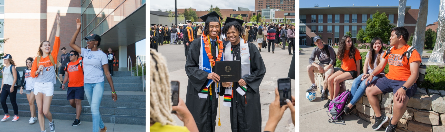 A collage of 3 photos, showing students outside on RIT campus, and students graduating.