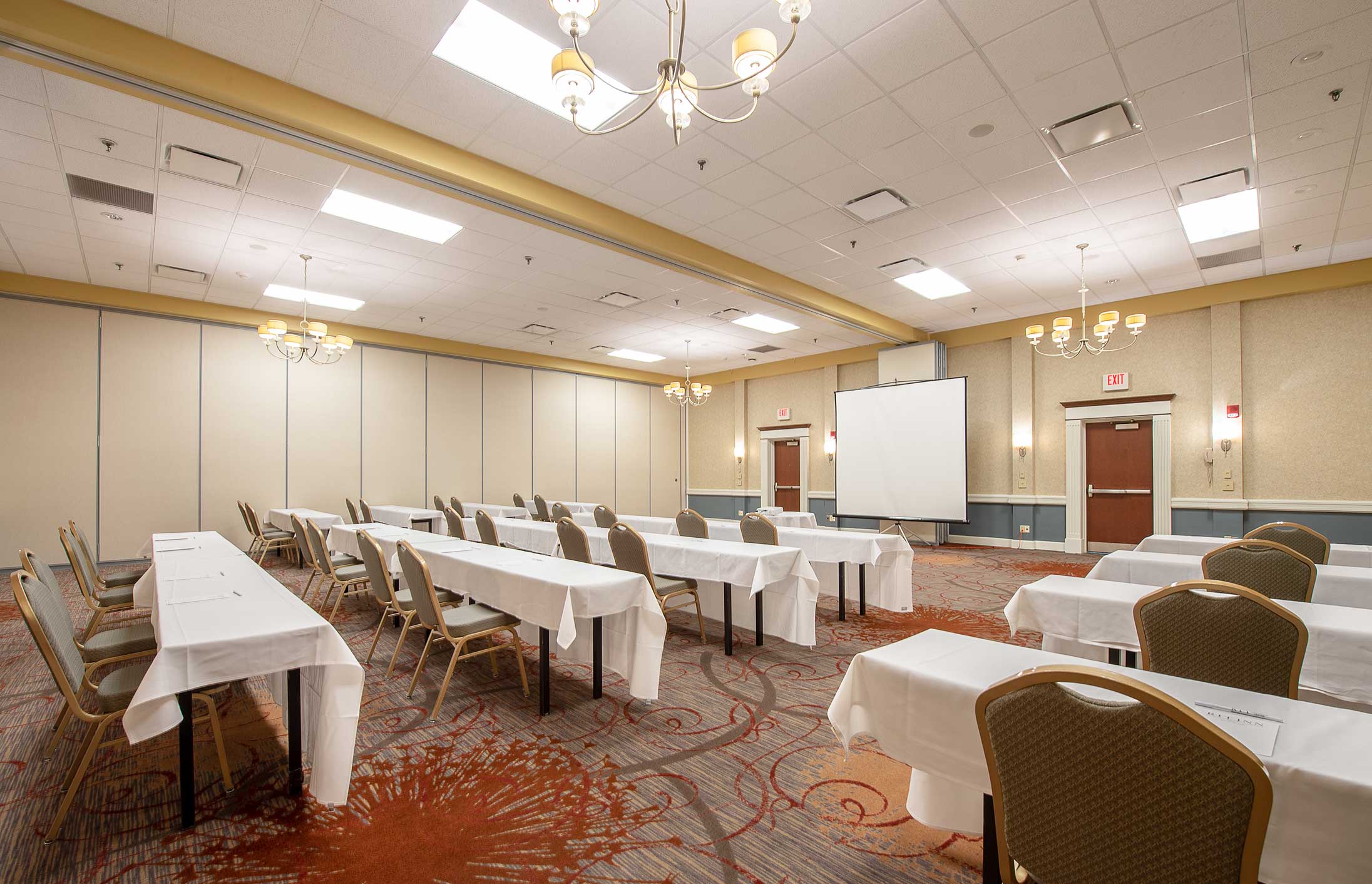 Conference room setup with table and chairs