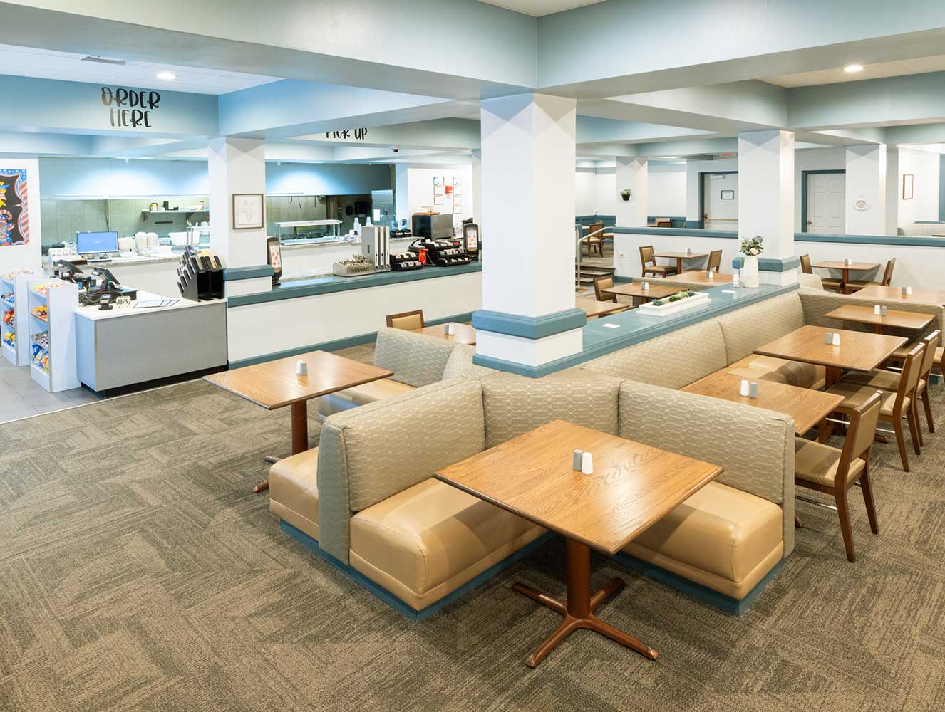 Restaurant floor with booths and chairs