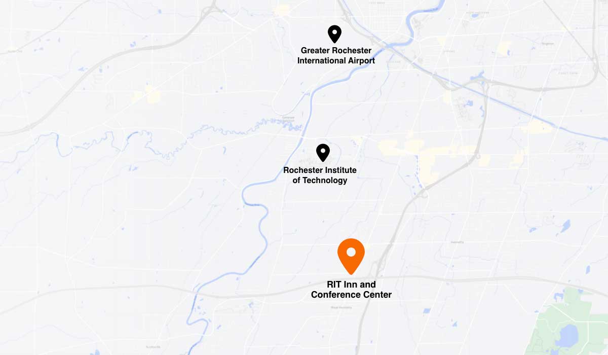 Graphic map of the rochester area with references to the airport, RIT, and the RIT Inn and Conference center