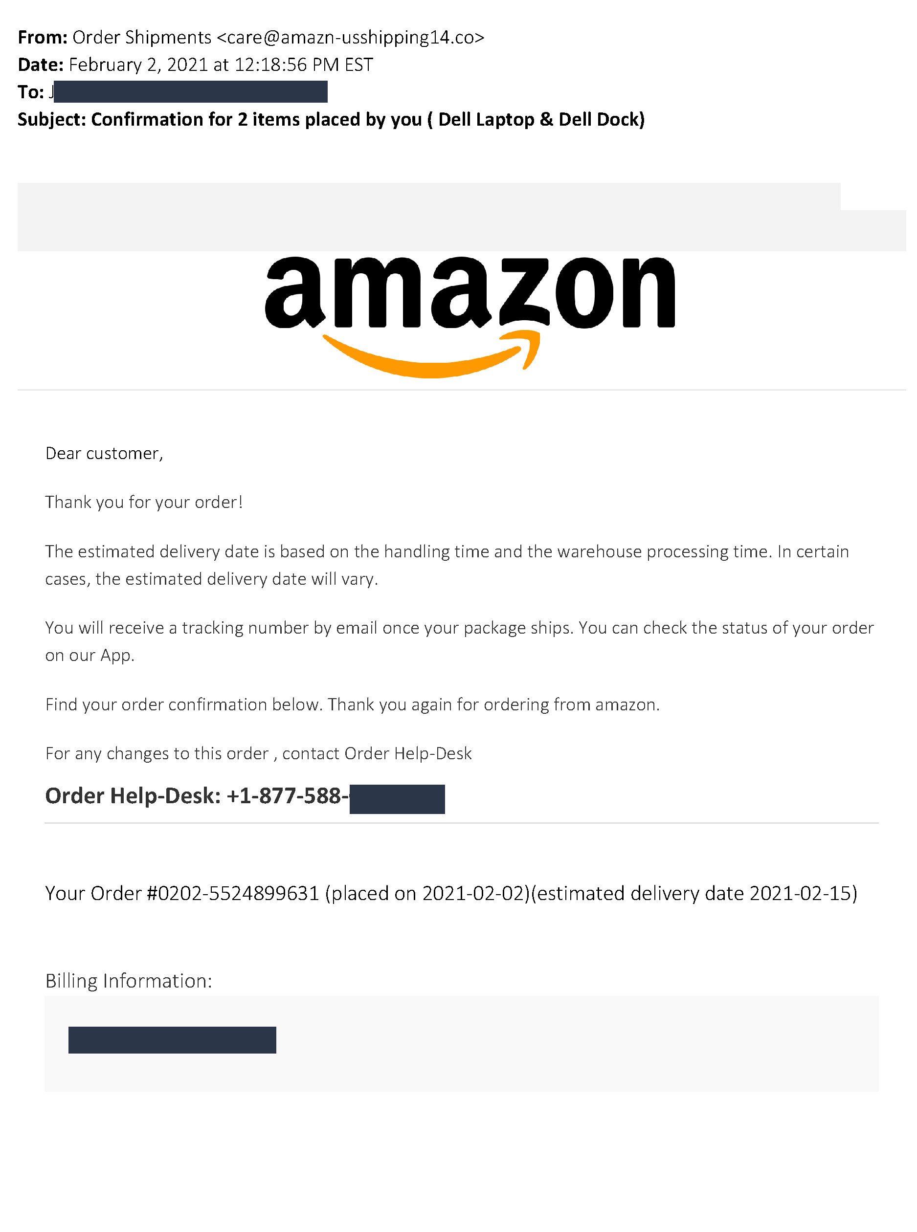 Confirmation for order placed by you (Amazon) Security RIT
